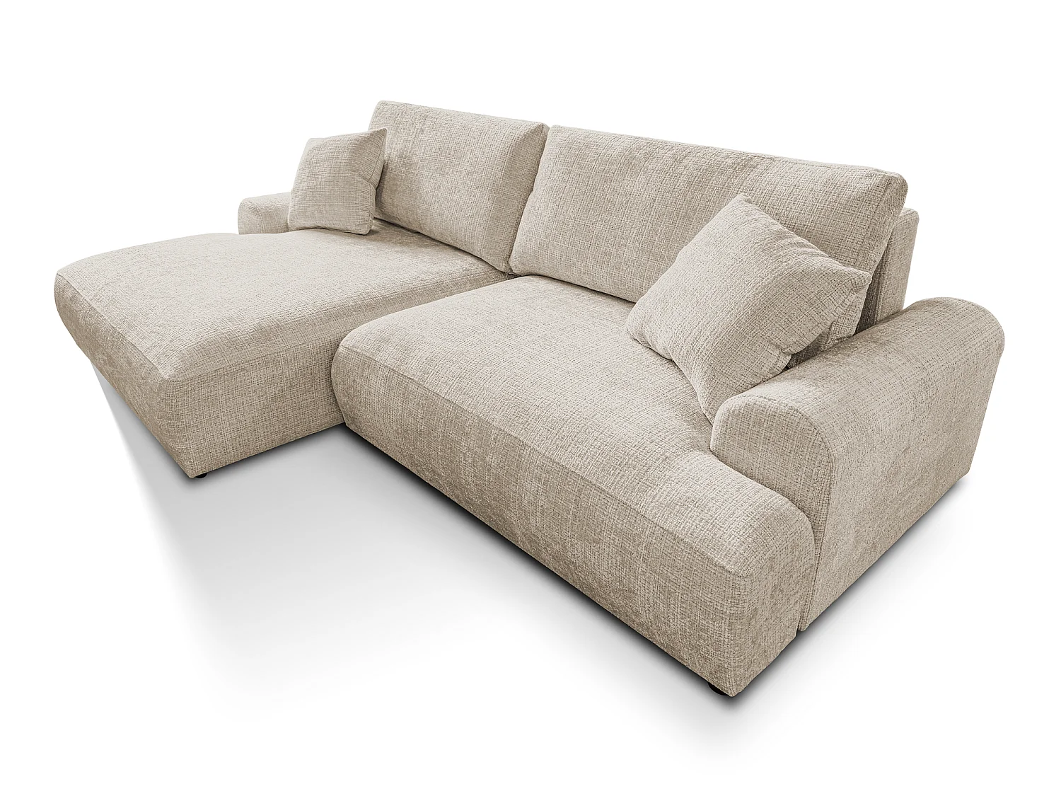 Élégant canapé d’angle avec fonction couchage et coffre de rangement, au style Japandi, en tissu chenille doux MELVANO