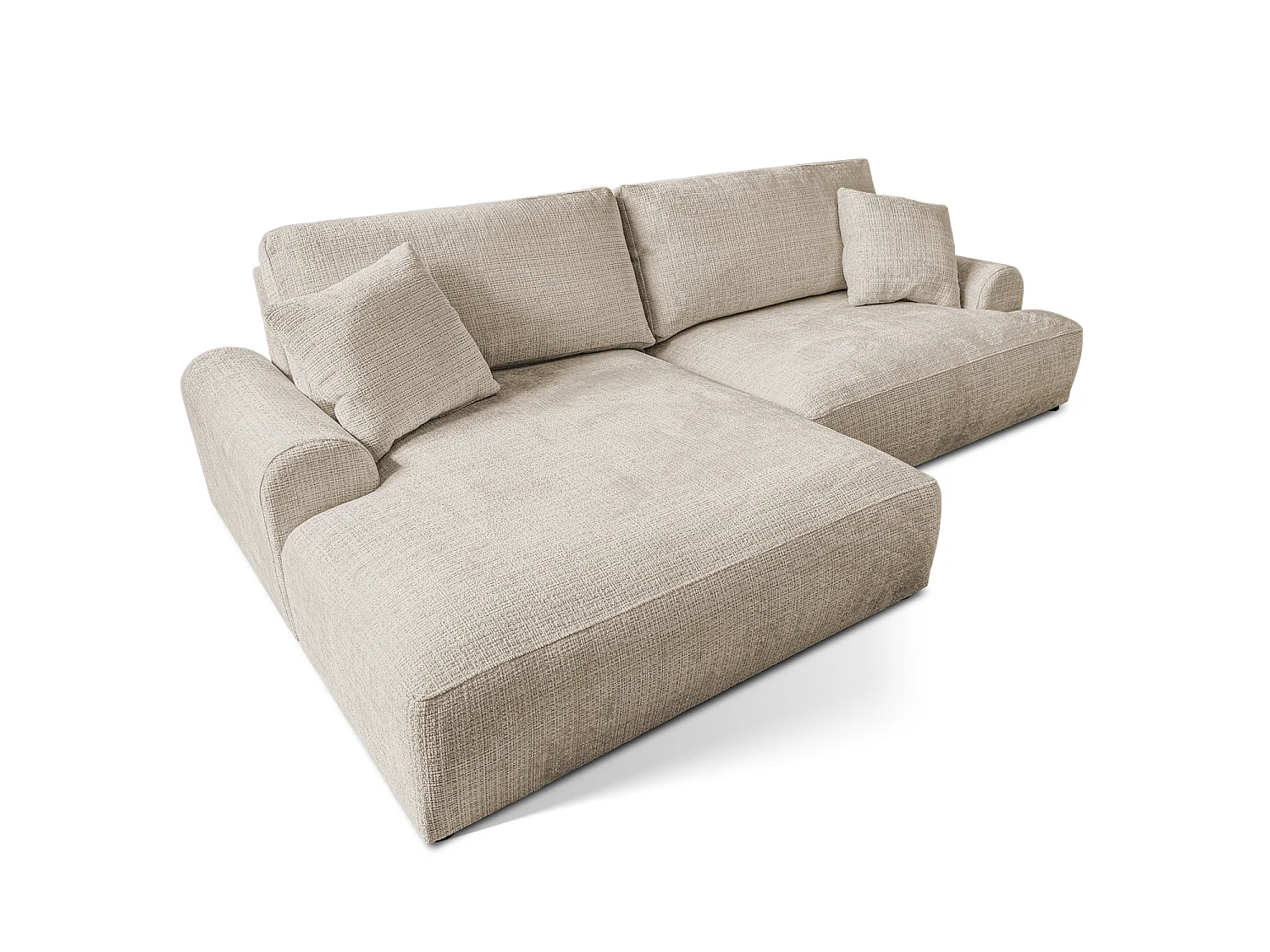 Élégant canapé d’angle avec fonction couchage et coffre de rangement, au style Japandi, en tissu chenille doux MELVANO