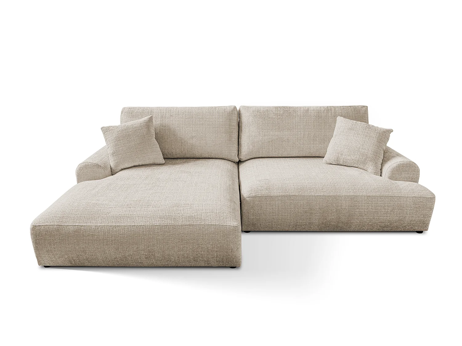 Élégant canapé d’angle avec fonction couchage et coffre de rangement, au style Japandi, en tissu chenille doux MELVANO