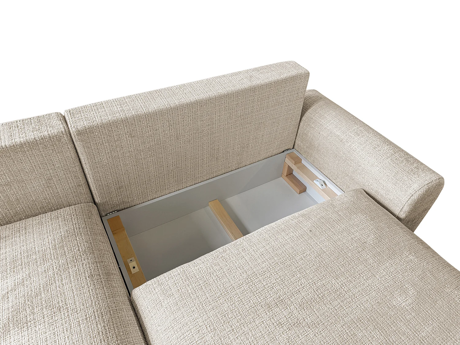 Élégant canapé d’angle avec fonction couchage et coffre de rangement, au style Japandi, en tissu chenille doux MELVANO
