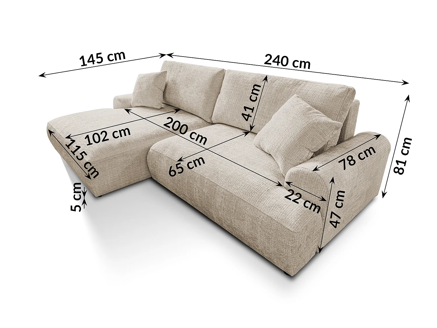 Élégant canapé d’angle avec fonction couchage et coffre de rangement, au style Japandi, en tissu chenille doux MELVANO