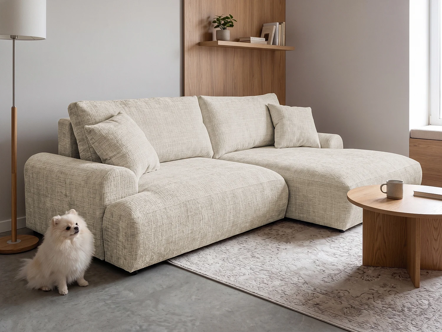 Élégant canapé d’angle avec fonction couchage et coffre de rangement, au style Japandi, en tissu chenille doux MELVANO