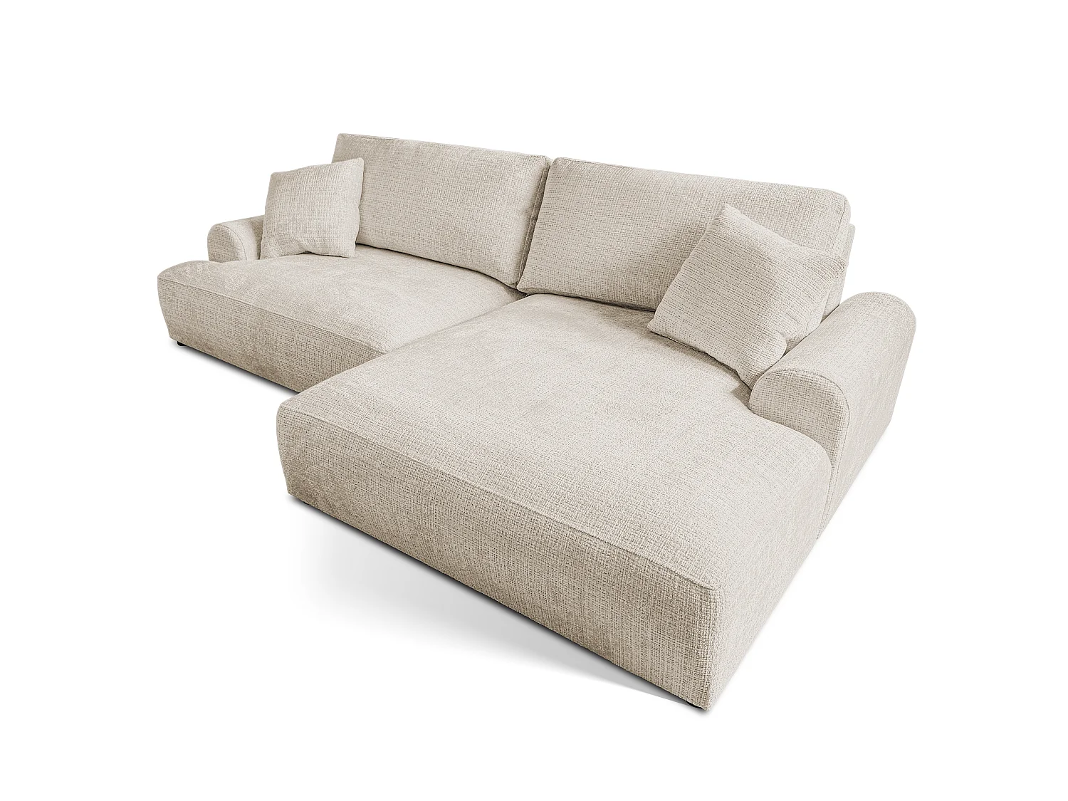 Élégant canapé d’angle avec fonction couchage et coffre de rangement, au style Japandi, en tissu chenille doux MELVANO
