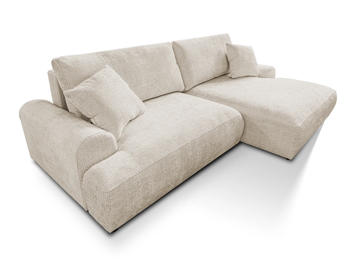Élégant canapé d’angle avec fonction couchage et coffre de rangement, au style Japandi, en tissu chenille doux MELVANO