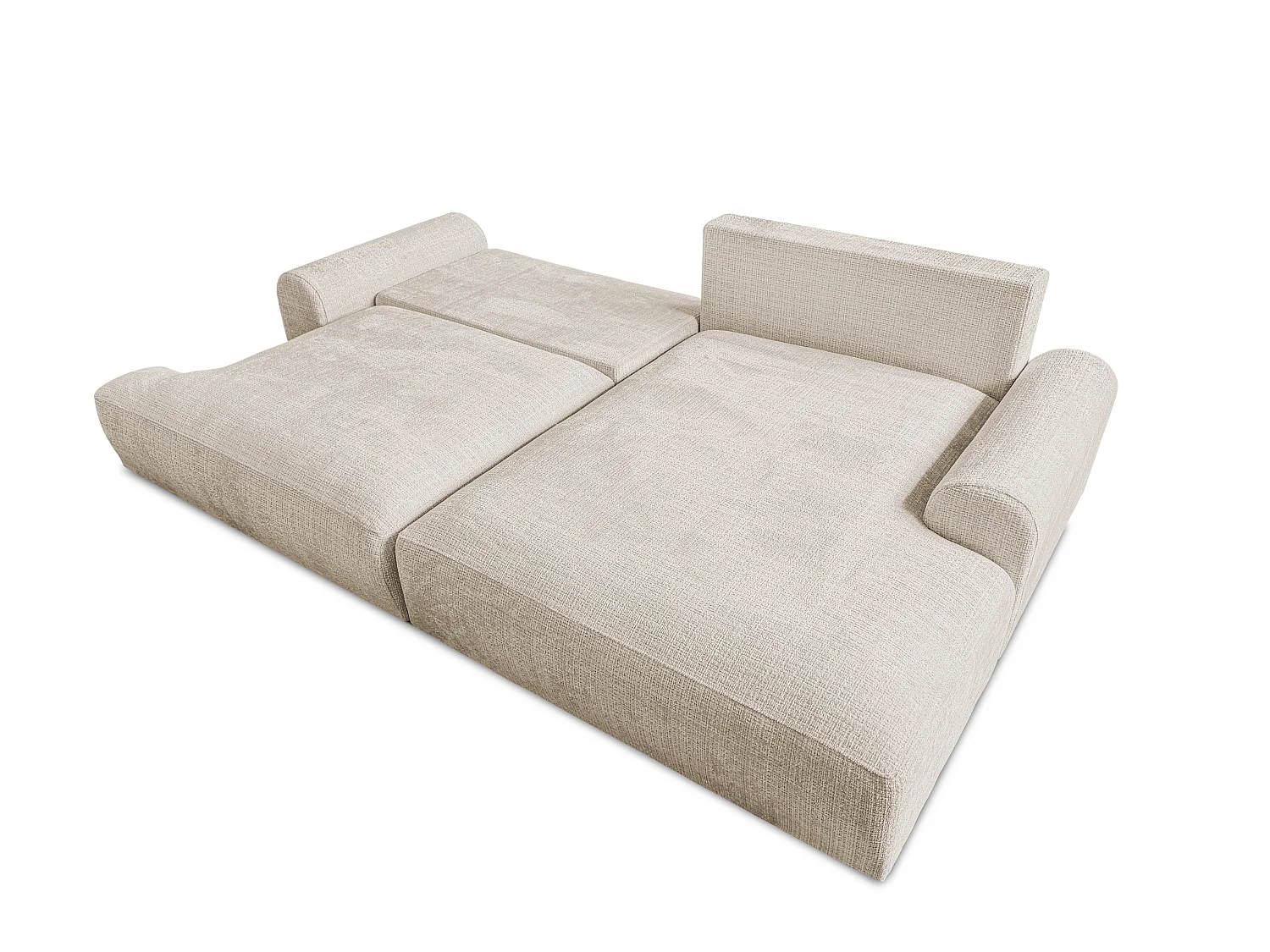 Élégant canapé d’angle avec fonction couchage et coffre de rangement, au style Japandi, en tissu chenille doux MELVANO