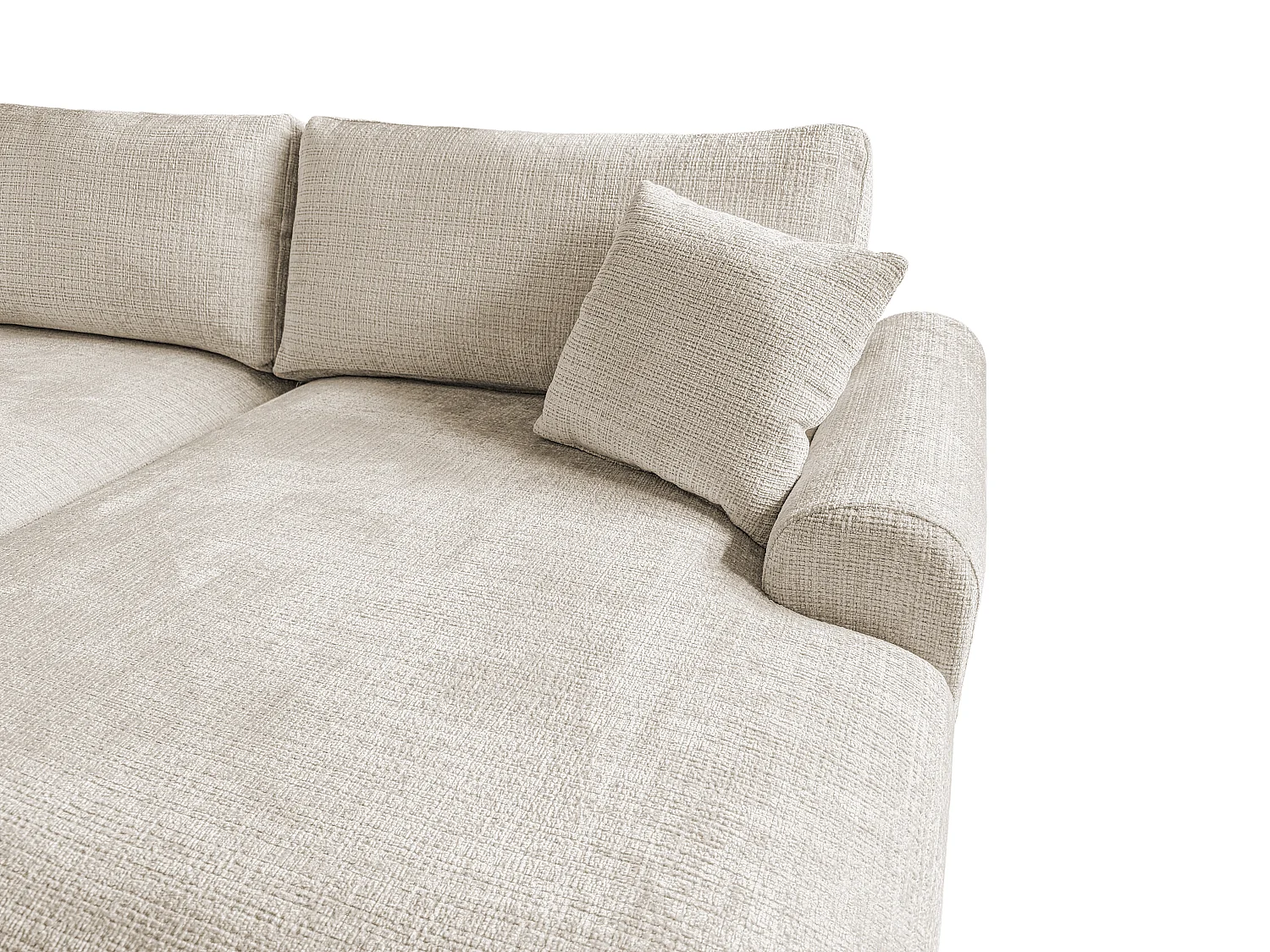 Élégant canapé d’angle avec fonction couchage et coffre de rangement, au style Japandi, en tissu chenille doux MELVANO