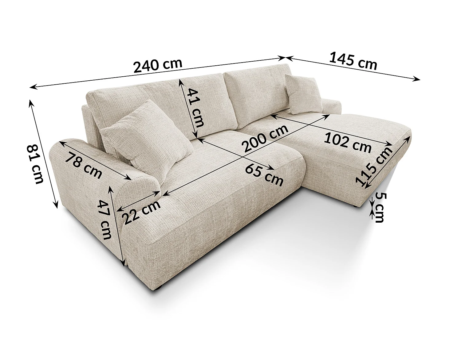 Élégant canapé d’angle avec fonction couchage et coffre de rangement, au style Japandi, en tissu chenille doux MELVANO