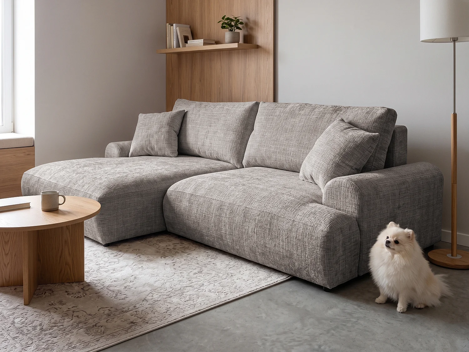 Élégant canapé d’angle avec fonction couchage et coffre de rangement, au style Japandi, en tissu chenille doux MELVANO