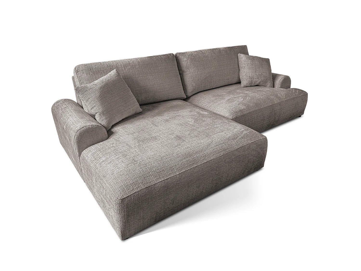 Élégant canapé d’angle avec fonction couchage et coffre de rangement, au style Japandi, en tissu chenille doux MELVANO