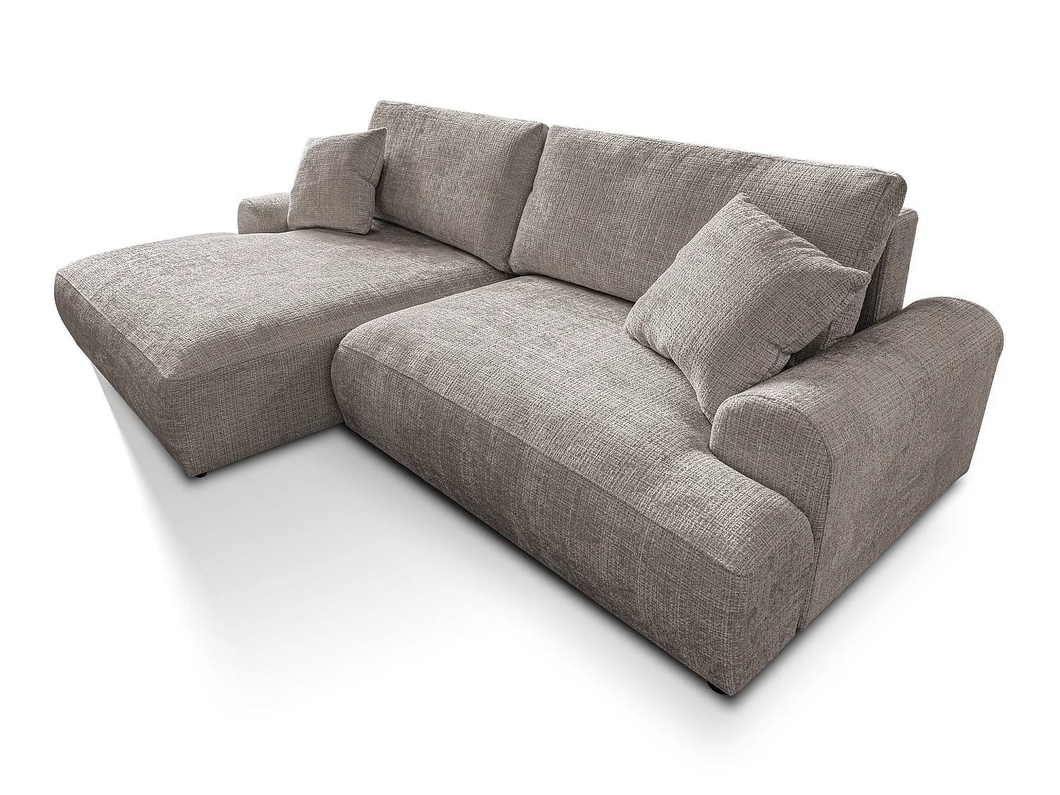 Élégant canapé d’angle avec fonction couchage et coffre de rangement, au style Japandi, en tissu chenille doux MELVANO