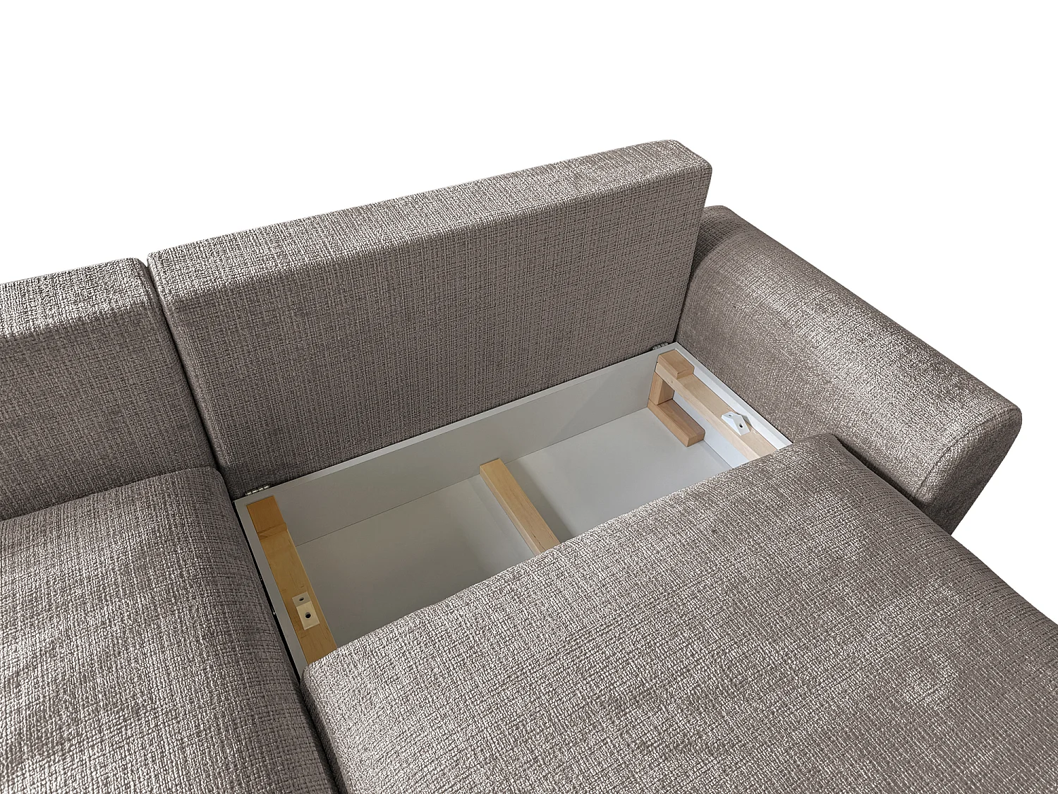 Élégant canapé d’angle avec fonction couchage et coffre de rangement, au style Japandi, en tissu chenille doux MELVANO
