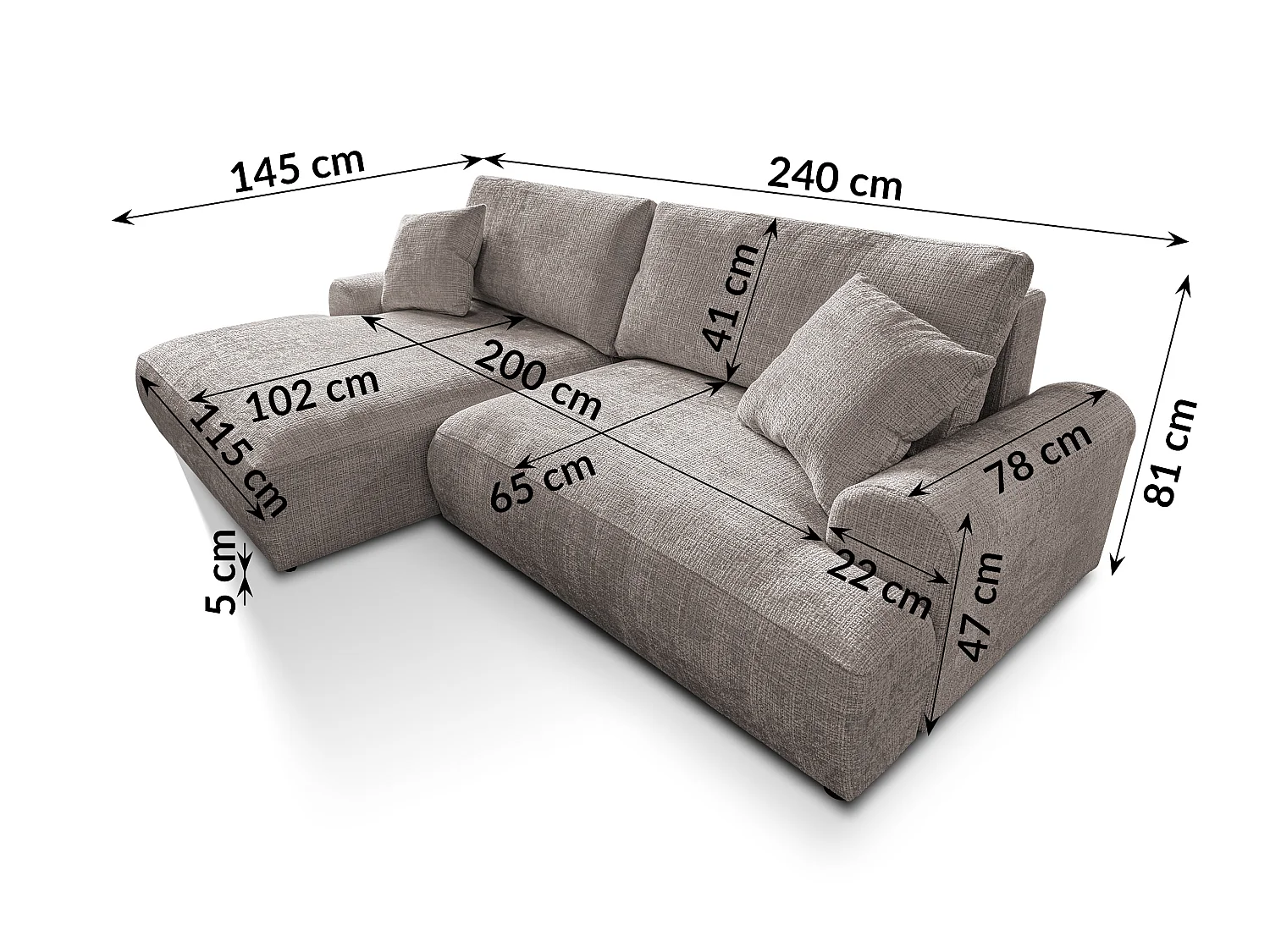 Élégant canapé d’angle avec fonction couchage et coffre de rangement, au style Japandi, en tissu chenille doux MELVANO
