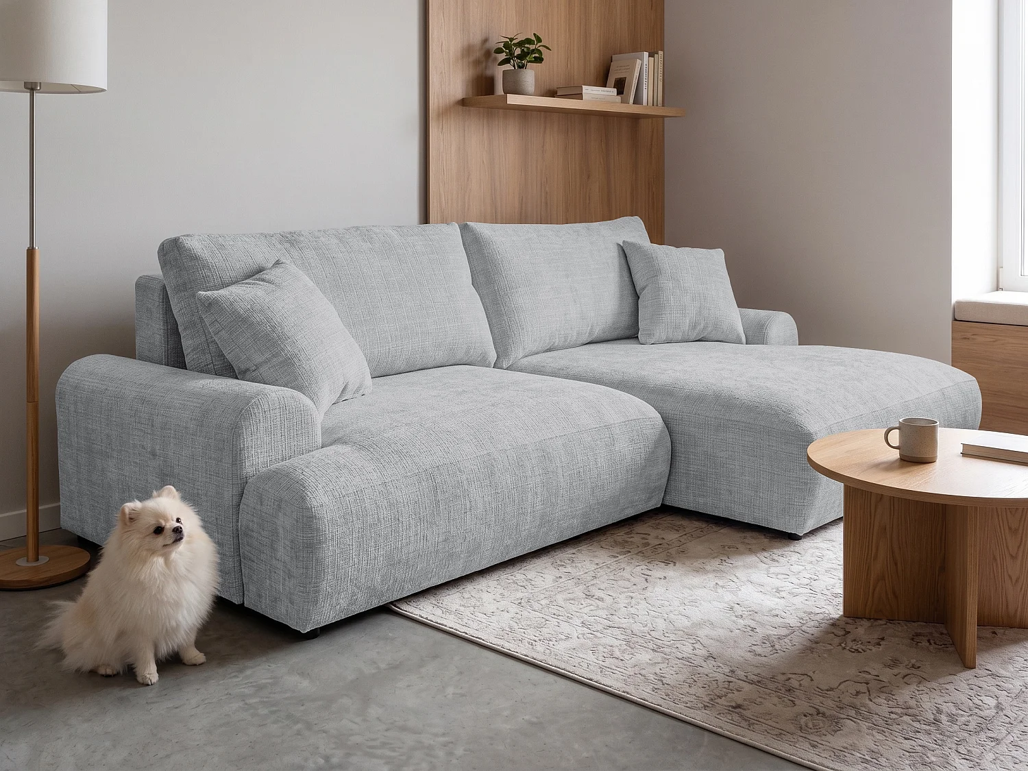Élégant canapé d’angle avec fonction couchage et coffre de rangement, au style Japandi, en tissu chenille doux MELVANO