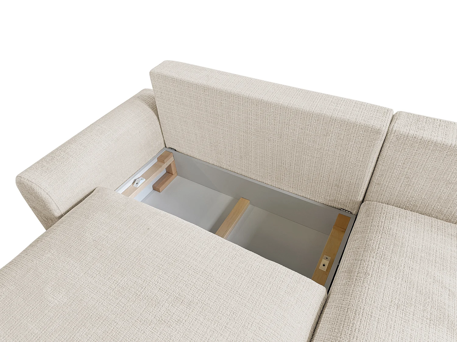 Élégant canapé d’angle avec fonction couchage et coffre de rangement, au style Japandi, en tissu chenille doux MELVANO