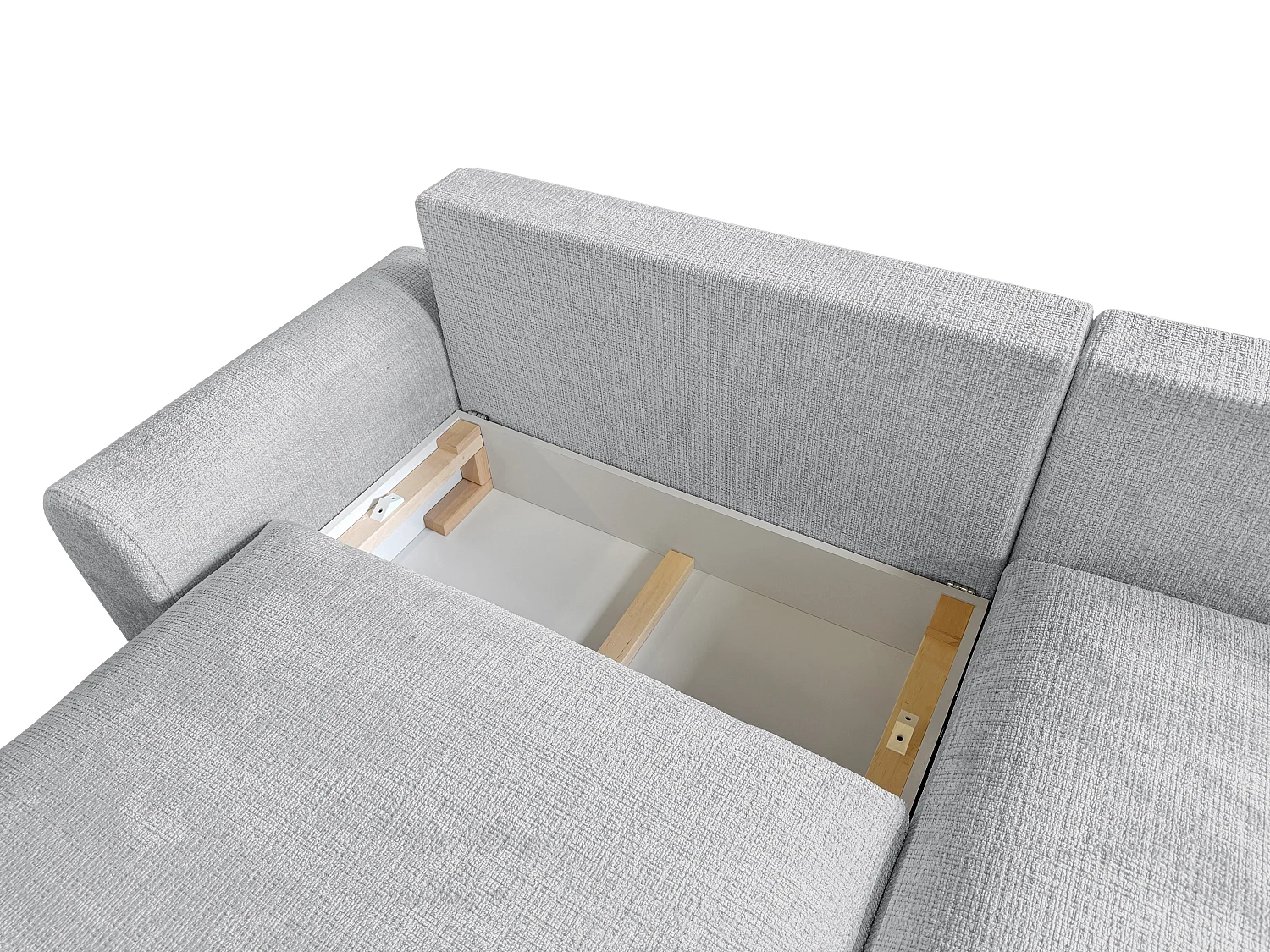 Élégant canapé d’angle avec fonction couchage et coffre de rangement, au style Japandi, en tissu chenille doux MELVANO