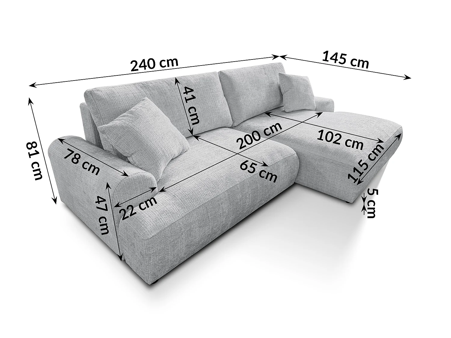 Élégant canapé d’angle avec fonction couchage et coffre de rangement, au style Japandi, en tissu chenille doux MELVANO