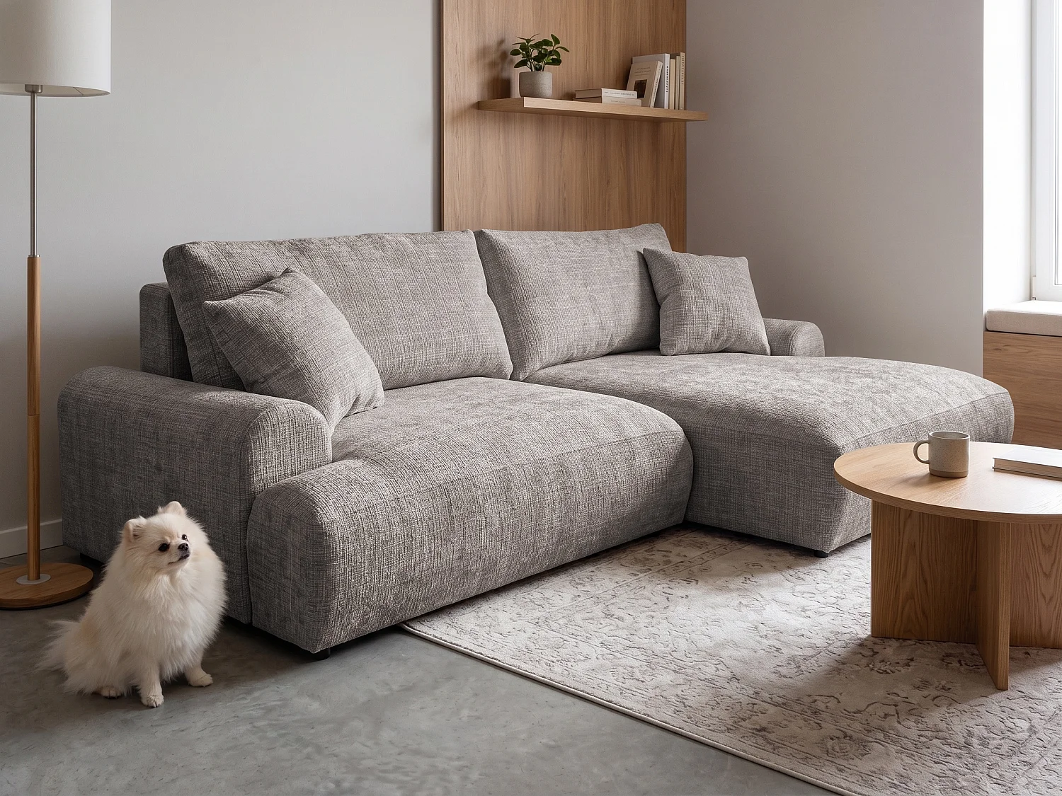 Élégant canapé d’angle avec fonction couchage et coffre de rangement, au style Japandi, en tissu chenille doux MELVANO