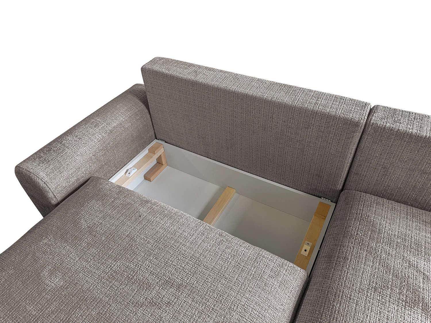 Élégant canapé d’angle avec fonction couchage et coffre de rangement, au style Japandi, en tissu chenille doux MELVANO