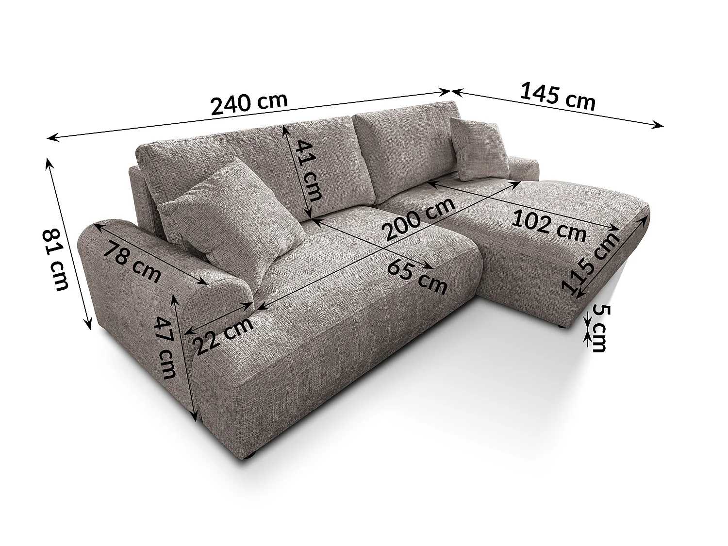 Élégant canapé d’angle avec fonction couchage et coffre de rangement, au style Japandi, en tissu chenille doux MELVANO