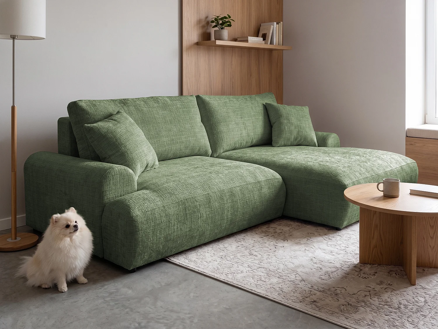 Élégant canapé d’angle avec fonction couchage et coffre de rangement, au style Japandi, en tissu chenille doux MELVANO