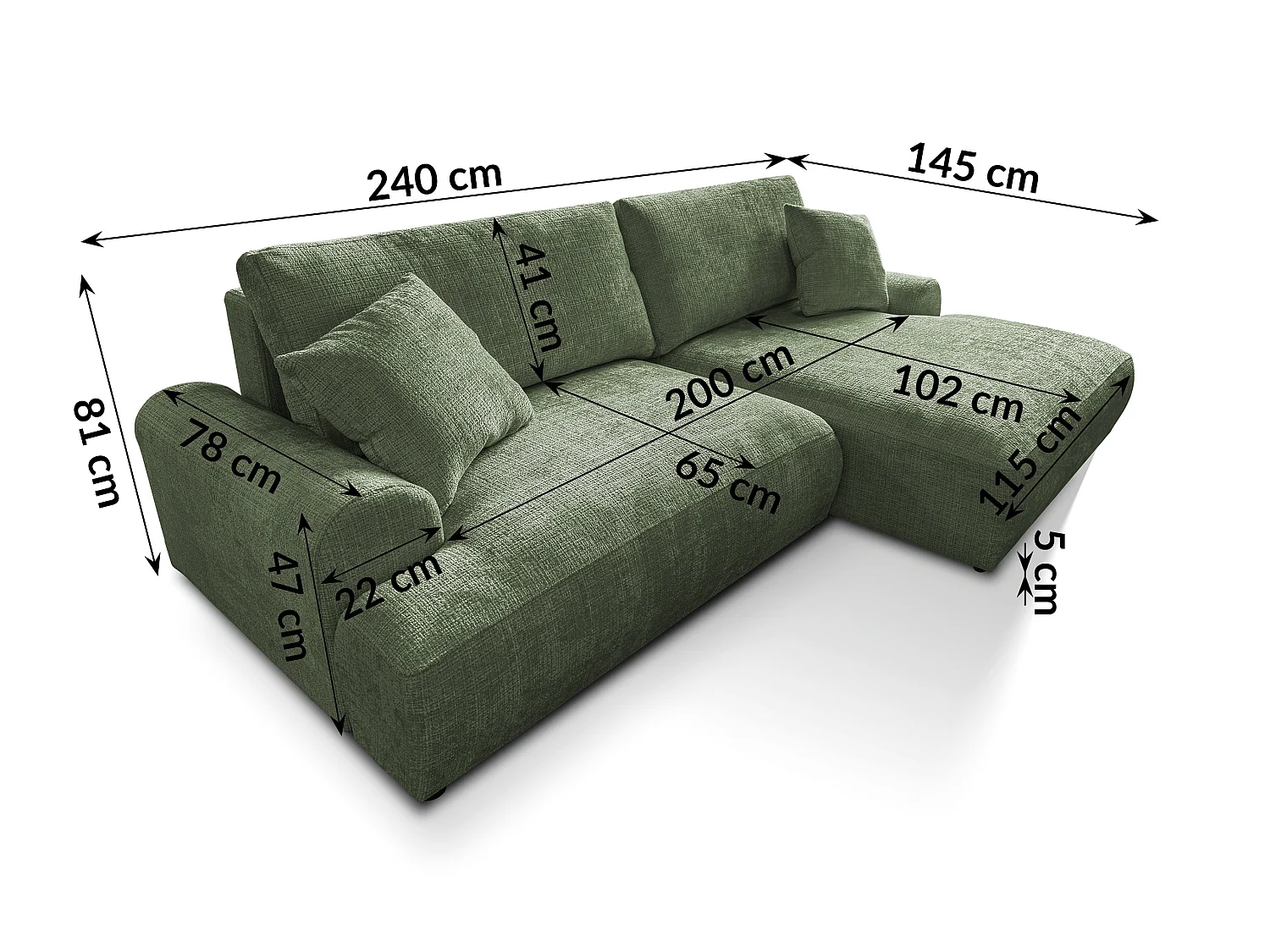 Élégant canapé d’angle avec fonction couchage et coffre de rangement, au style Japandi, en tissu chenille doux MELVANO