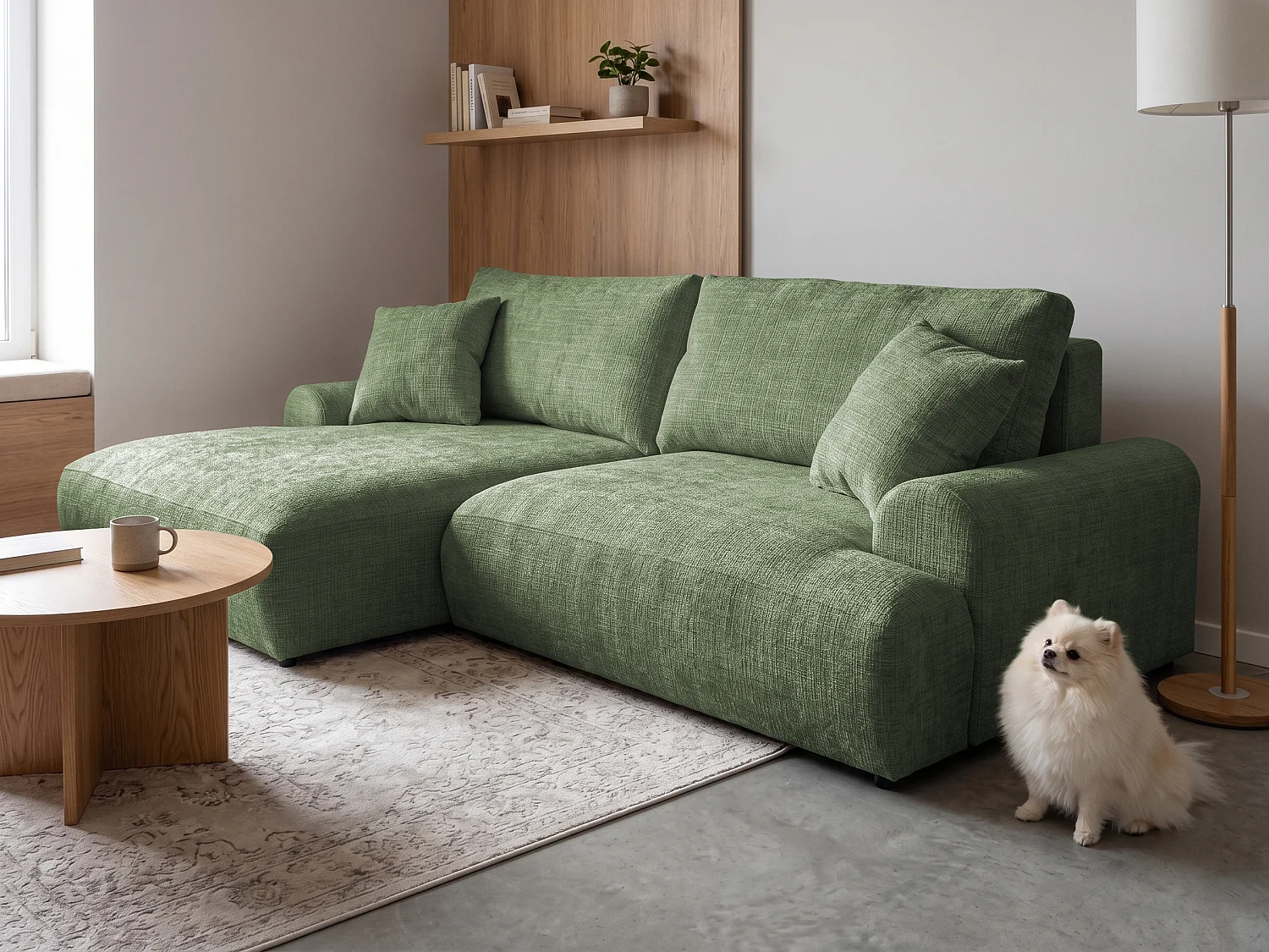 Élégant canapé d’angle avec fonction couchage et coffre de rangement, au style Japandi, en tissu chenille doux MELVANO
