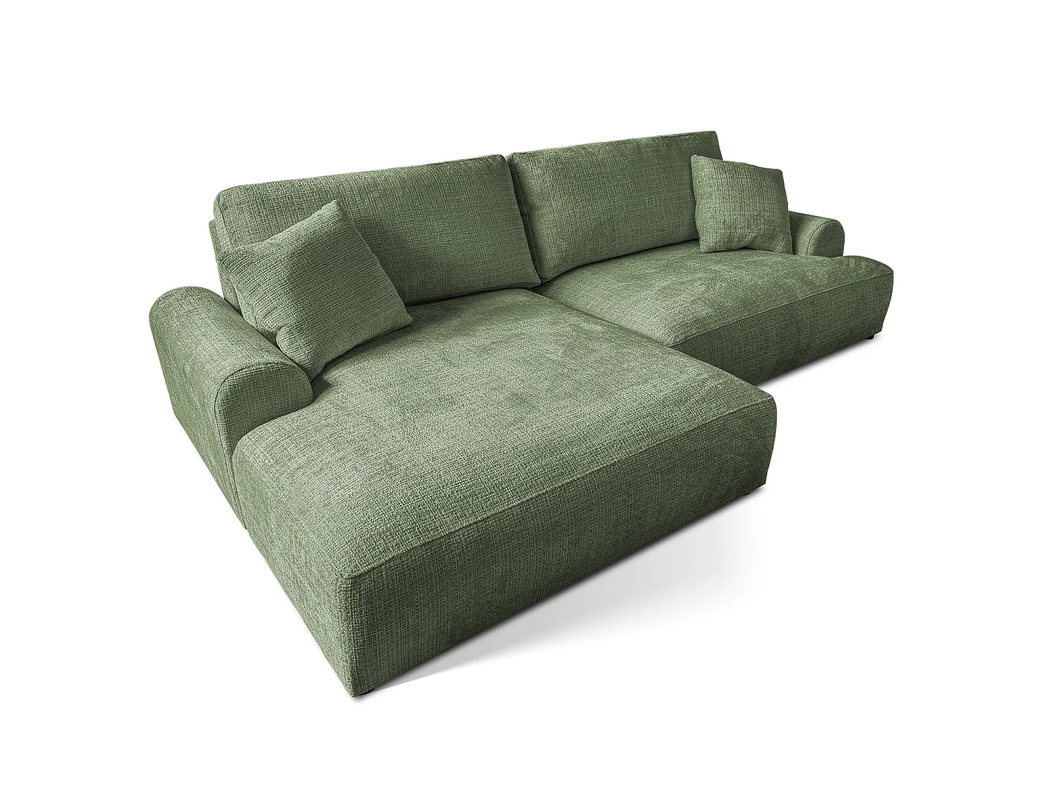 Élégant canapé d’angle avec fonction couchage et coffre de rangement, au style Japandi, en tissu chenille doux MELVANO