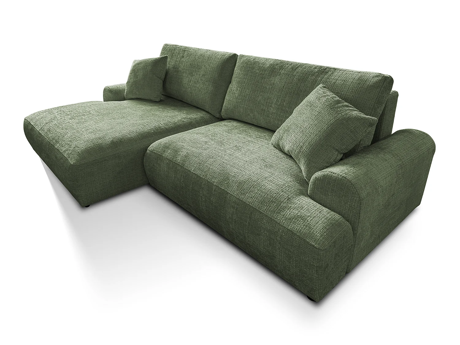 Élégant canapé d’angle avec fonction couchage et coffre de rangement, au style Japandi, en tissu chenille doux MELVANO