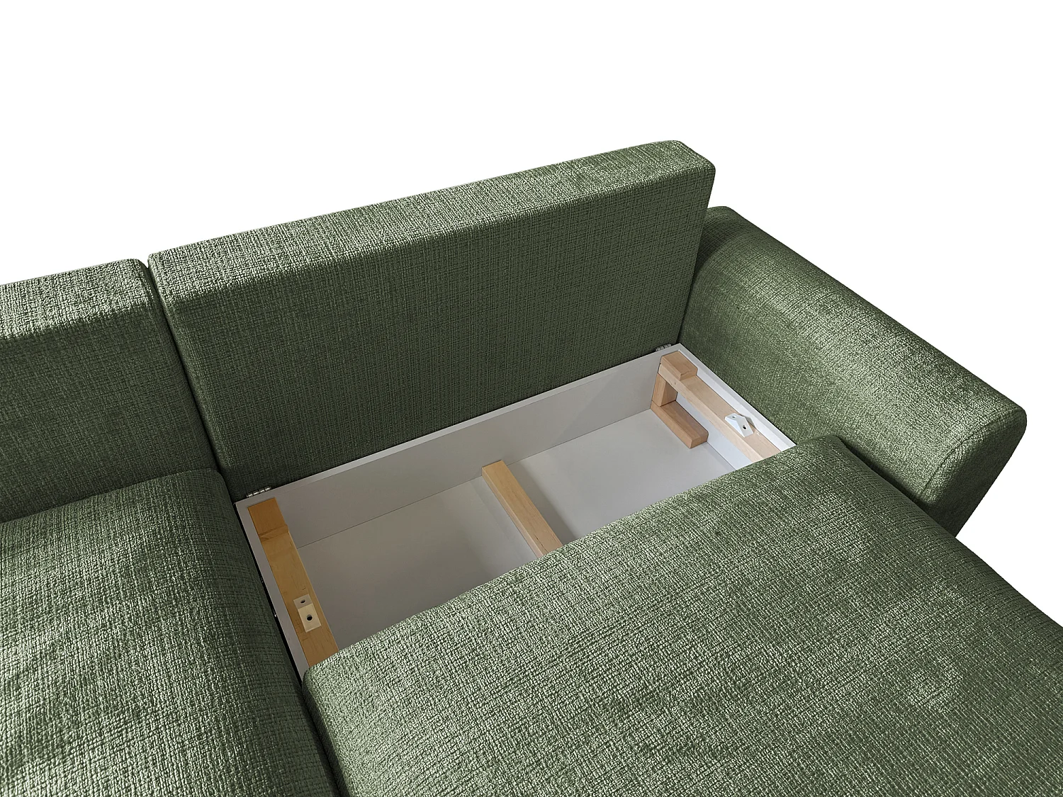 Élégant canapé d’angle avec fonction couchage et coffre de rangement, au style Japandi, en tissu chenille doux MELVANO