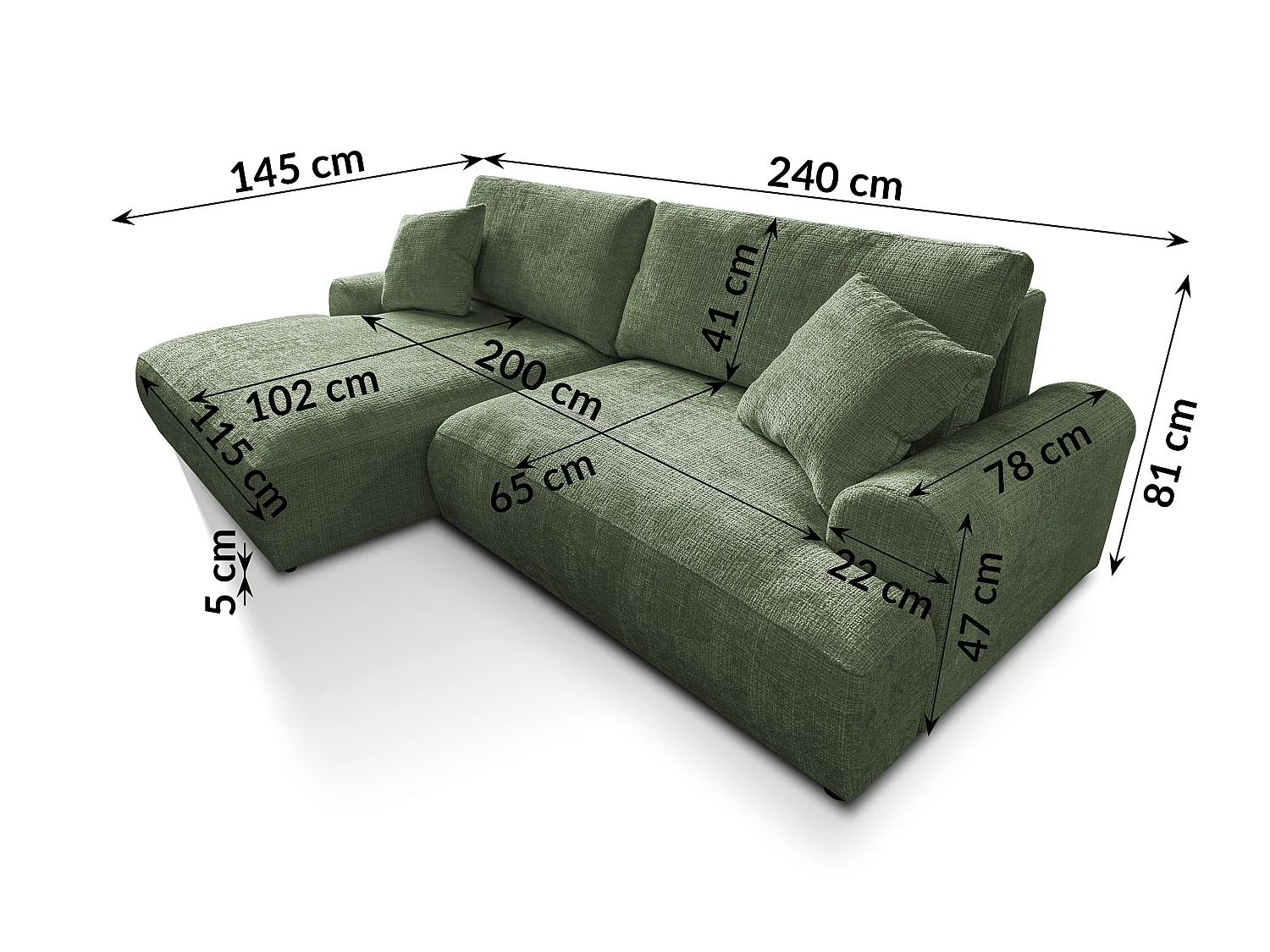 Élégant canapé d’angle avec fonction couchage et coffre de rangement, au style Japandi, en tissu chenille doux MELVANO