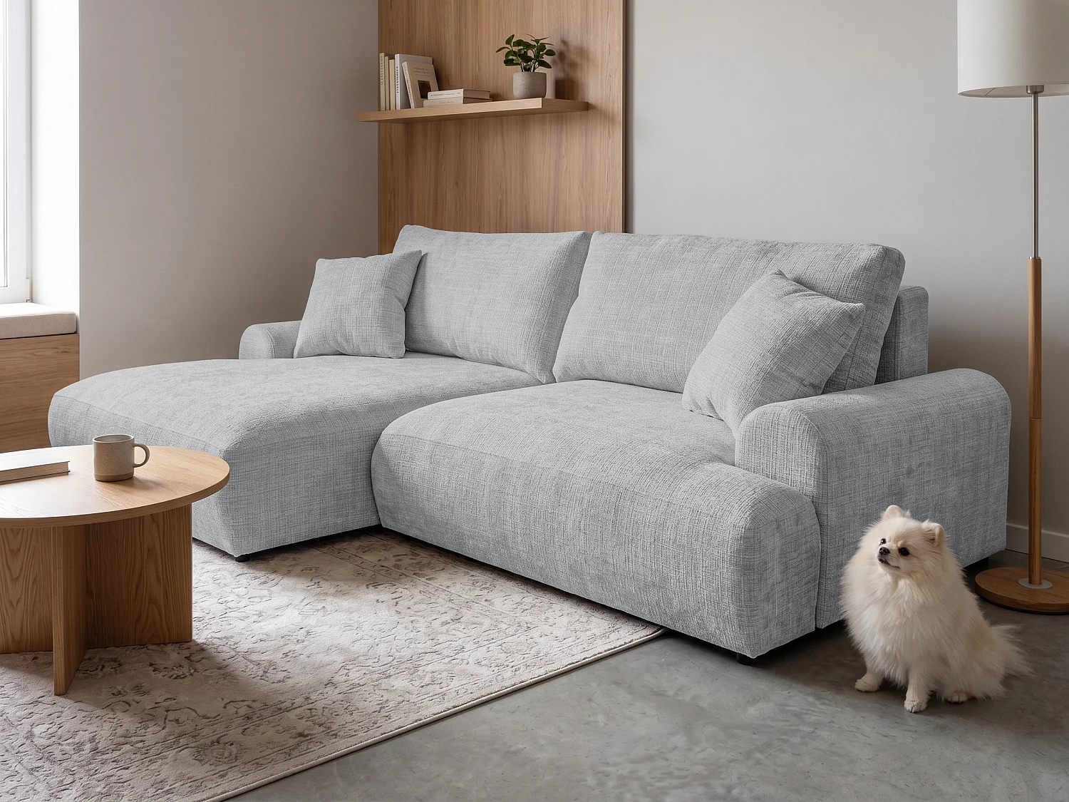 Élégant canapé d’angle avec fonction couchage et coffre de rangement, au style Japandi, en tissu chenille doux MELVANO