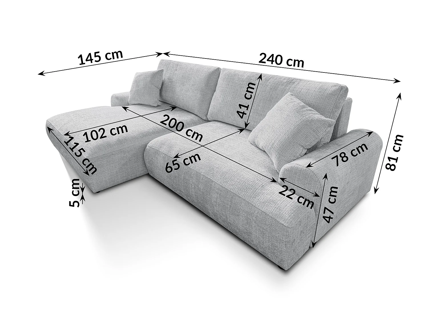 Élégant canapé d’angle avec fonction couchage et coffre de rangement, au style Japandi, en tissu chenille doux MELVANO