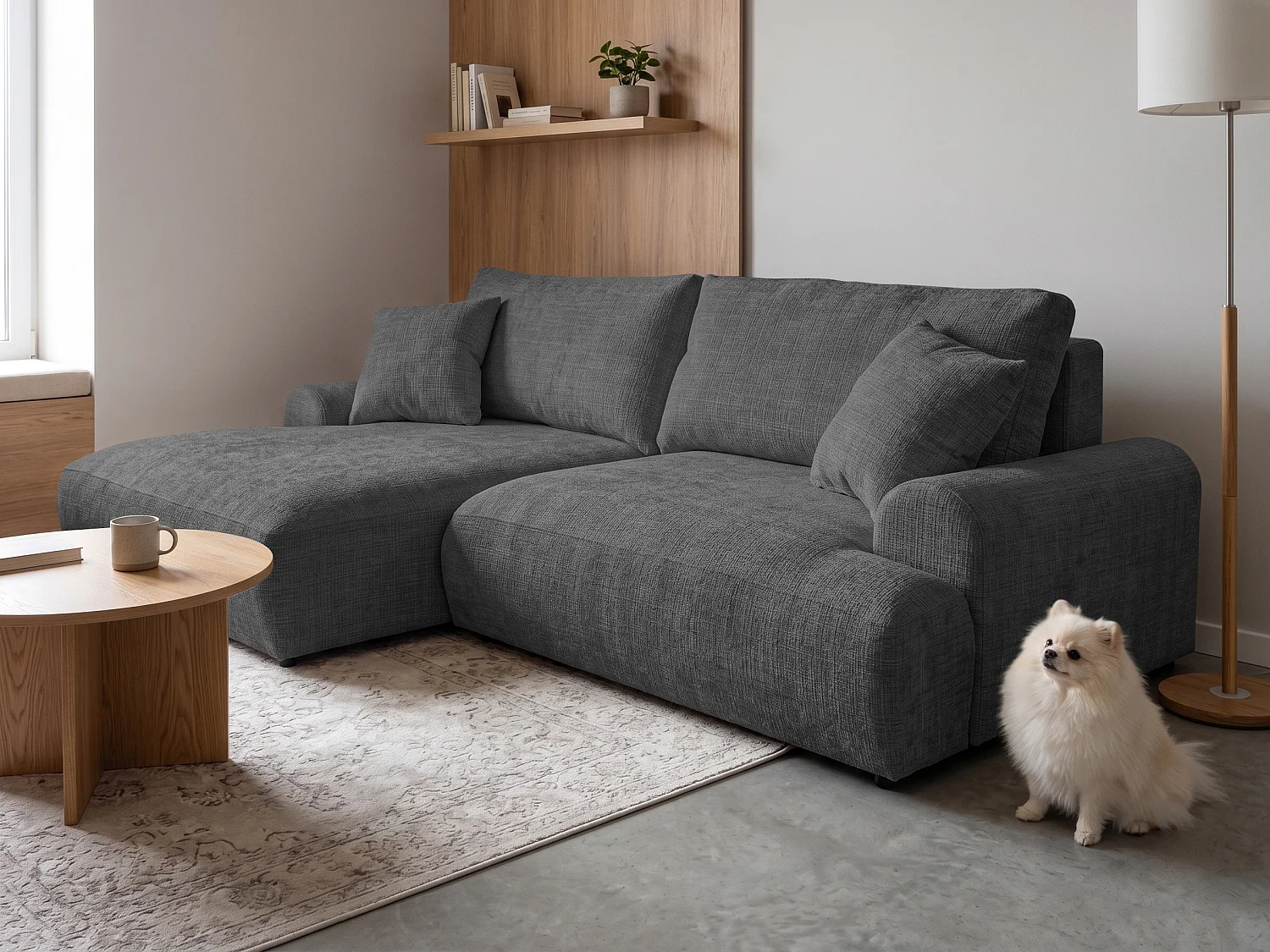 Élégant canapé d’angle avec fonction couchage et coffre de rangement, au style Japandi, en tissu chenille doux MELVANO