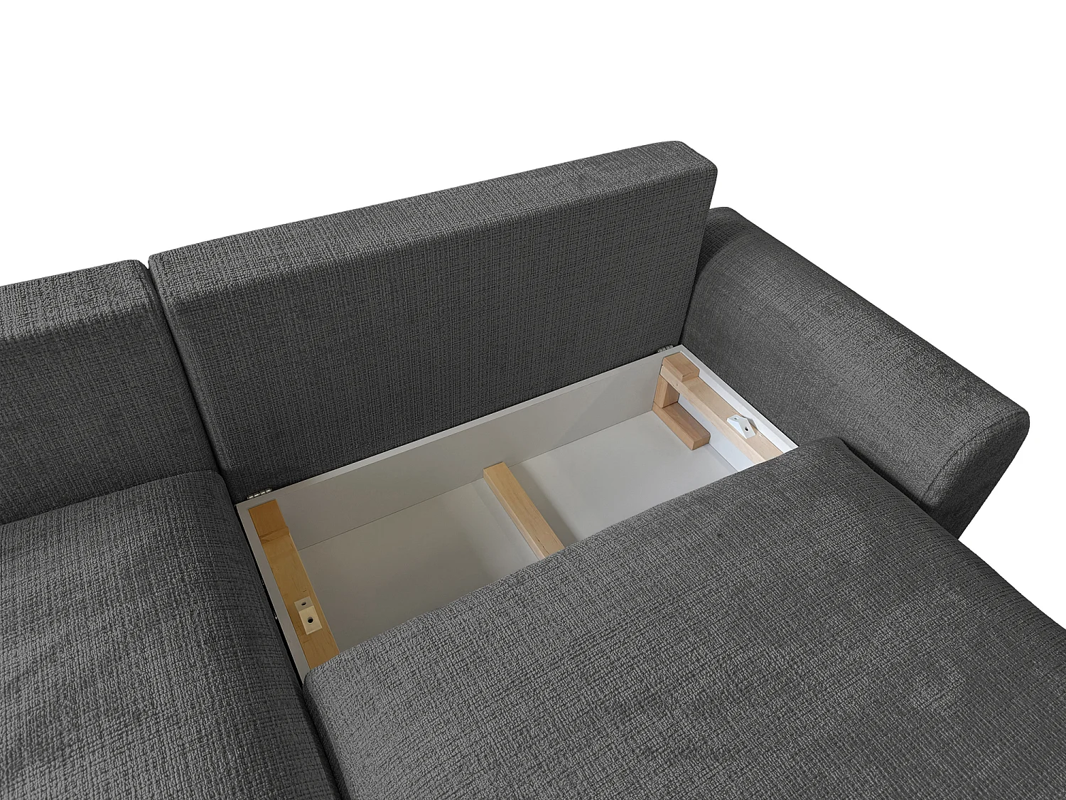 Élégant canapé d’angle avec fonction couchage et coffre de rangement, au style Japandi, en tissu chenille doux MELVANO