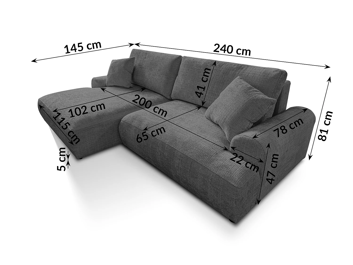 Élégant canapé d’angle avec fonction couchage et coffre de rangement, au style Japandi, en tissu chenille doux MELVANO