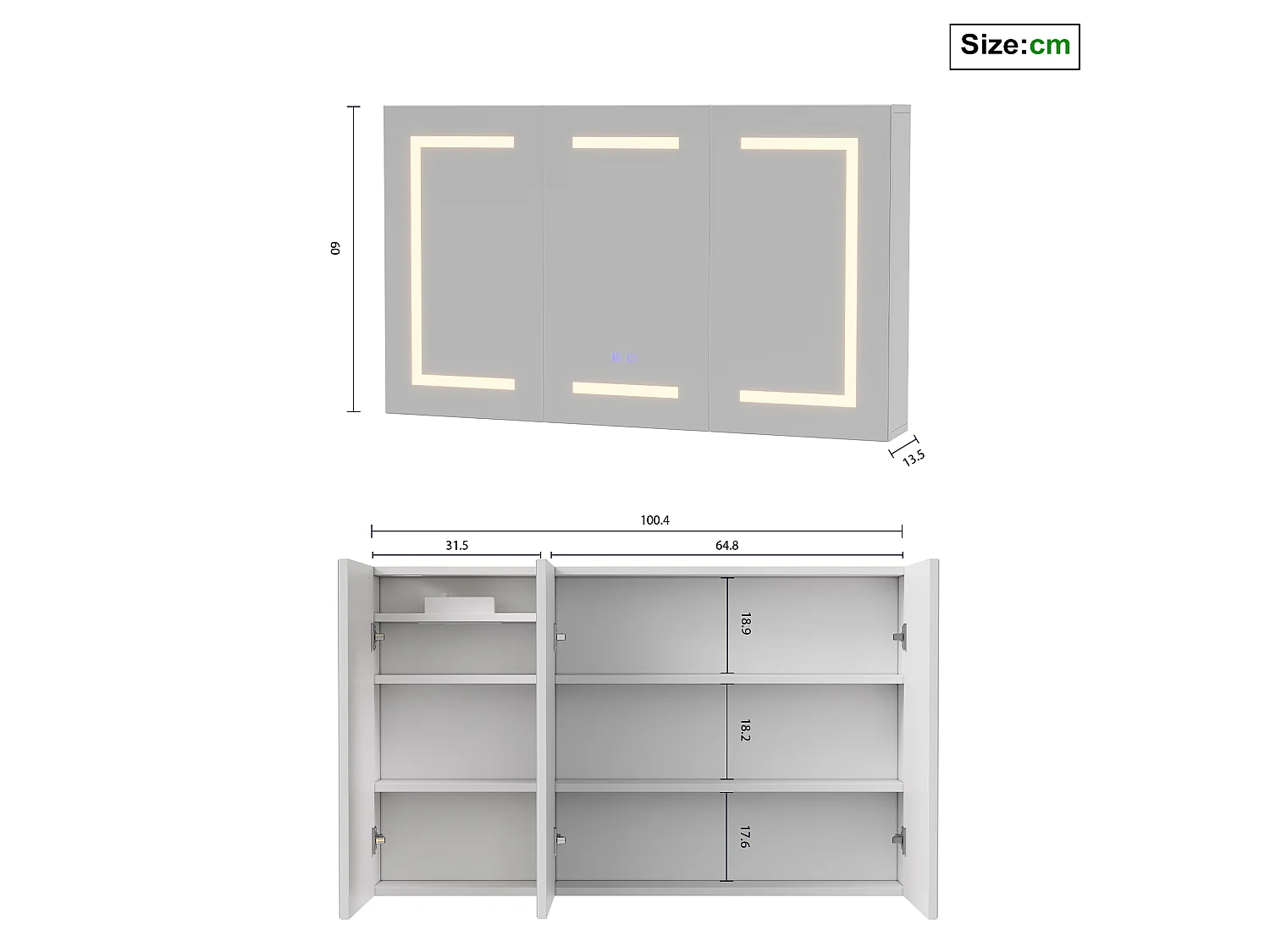 LED-badkamerspiegel met anticondenslaag en opbergruimte - verstelbare planken - stopcontacten en 2 USB-poorten - voor woonkamers en hallen - 100,4 x 60 x 13,5 cm