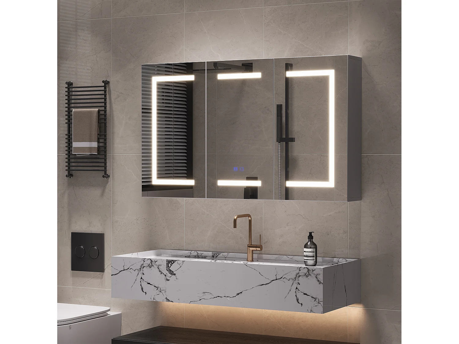 LED-badkamerspiegel met anticondenslaag en opbergruimte - verstelbare planken - stopcontacten en 2 USB-poorten - voor woonkamers en hallen - 100,4 x 60 x 13,5 cm