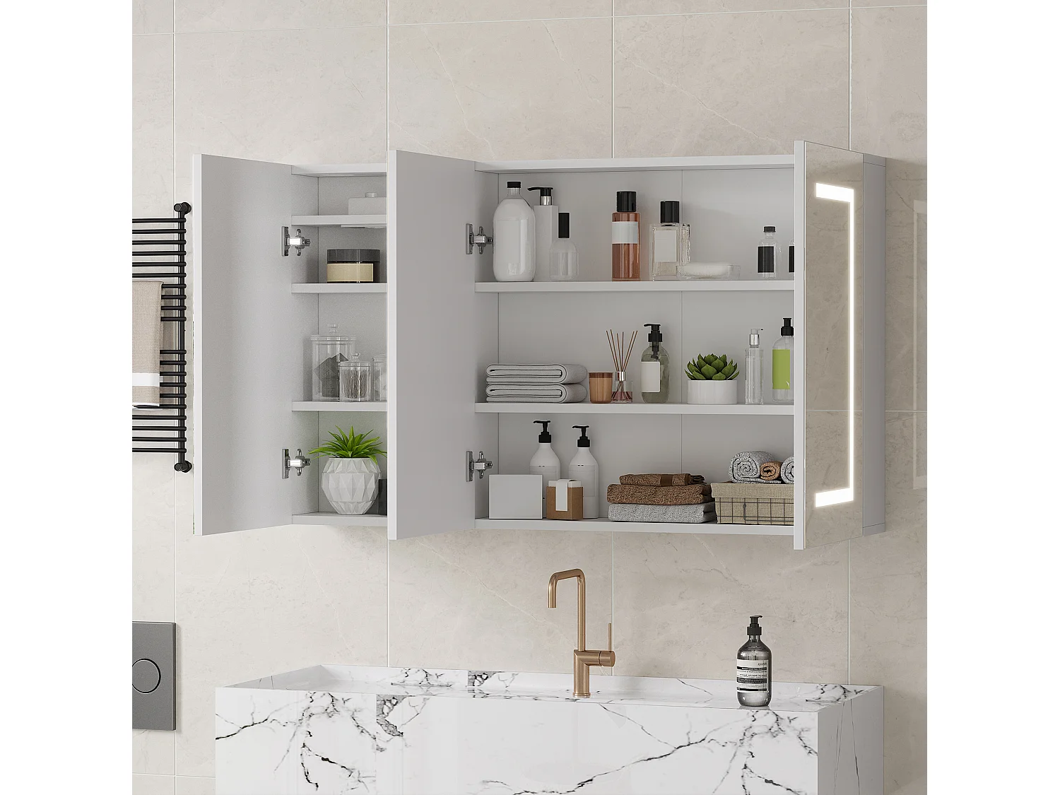 LED-badkamerspiegel met anticondenslaag en opbergruimte - verstelbare planken - stopcontacten en 2 USB-poorten - voor woonkamers en hallen - 100,4 x 60 x 13,5 cm