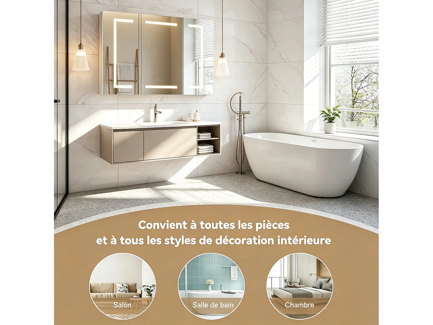 Espejo de baño blanco, espejo con iluminación LED antivaho, armario con almacenamiento, estantes ajustables y 2 puertos y enchufes USB, 100,4 x 60 x 13,5 cm.