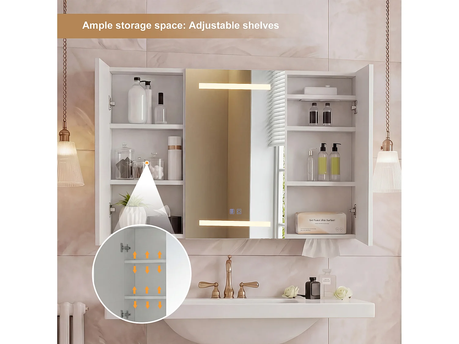 Espejo de baño blanco, espejo con iluminación LED antivaho, armario con almacenamiento, estantes ajustables y 2 puertos y enchufes USB, 100,4 x 60 x 13,5 cm.