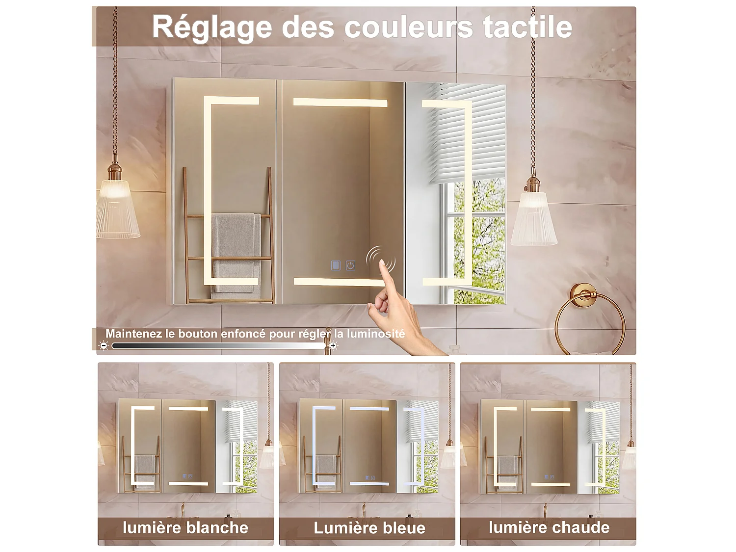 Espejo de baño blanco, espejo con iluminación LED antivaho, armario con almacenamiento, estantes ajustables y 2 puertos y enchufes USB, 100,4 x 60 x 13,5 cm.