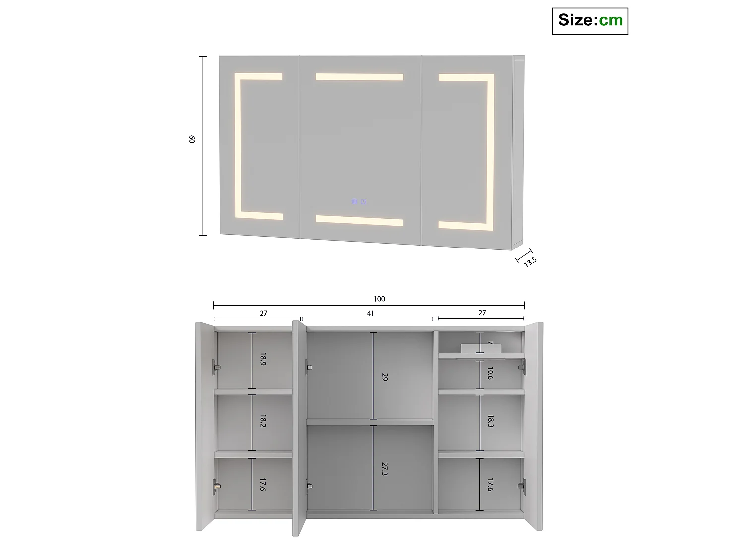 Espejo de baño blanco, espejo con iluminación LED antivaho, armario con almacenamiento, estantes ajustables y 2 puertos y enchufes USB, 100,4 x 60 x 13,5 cm.