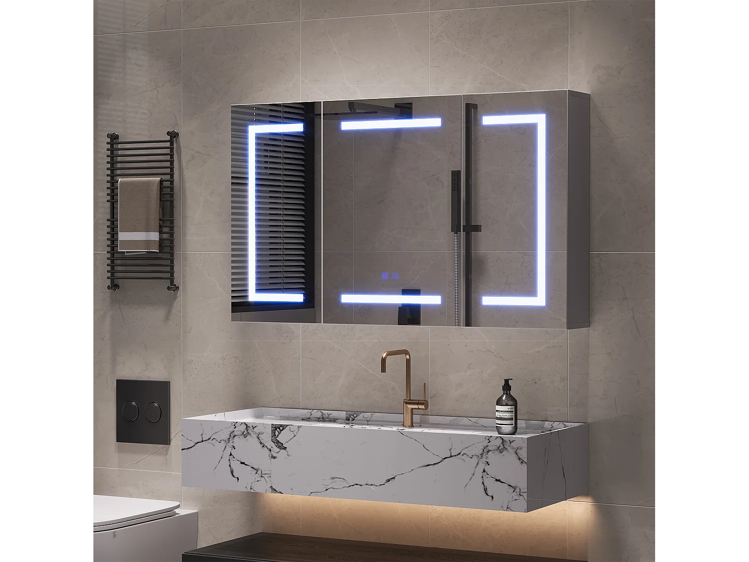 Espejo de baño blanco, espejo con iluminación LED antivaho, armario con almacenamiento, estantes ajustables y 2 puertos y enchufes USB, 100,4 x 60 x 13,5 cm.