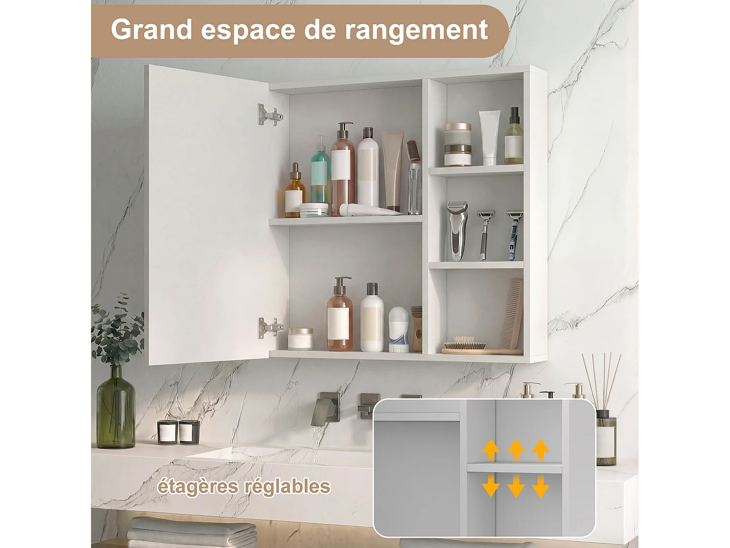 Miroir Salle de Bain Anti-Buée 1 Porte,Étagère Latérale, Armoire à miroir avec Éclairage LED,Rangement Intégré, Design Moderne,Blanc