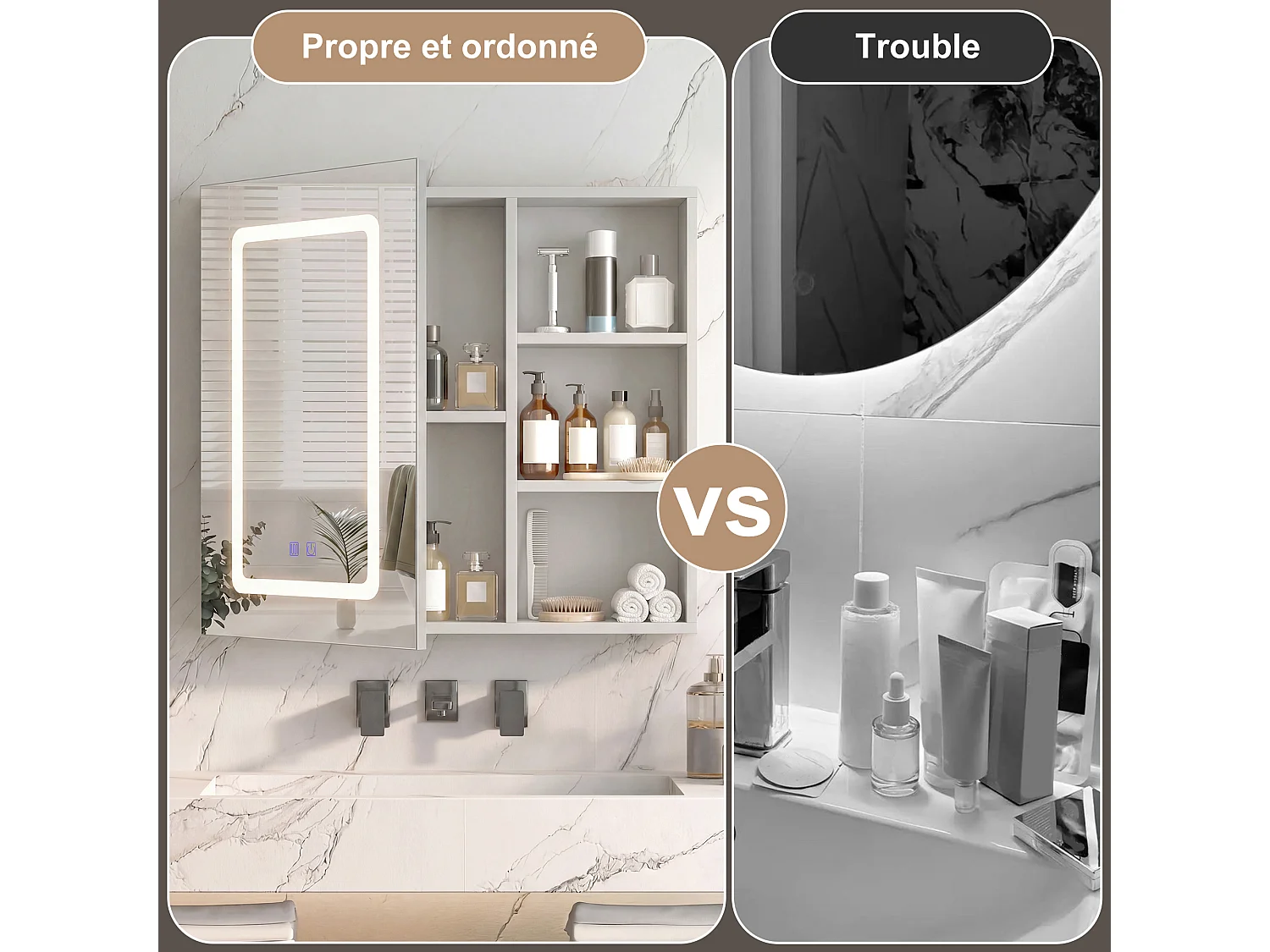 Miroir Salle de Bain Anti-Buée 1 Porte,Étagère Latérale, Armoire à miroir avec Éclairage LED,Rangement Intégré, Design Moderne,Blanc