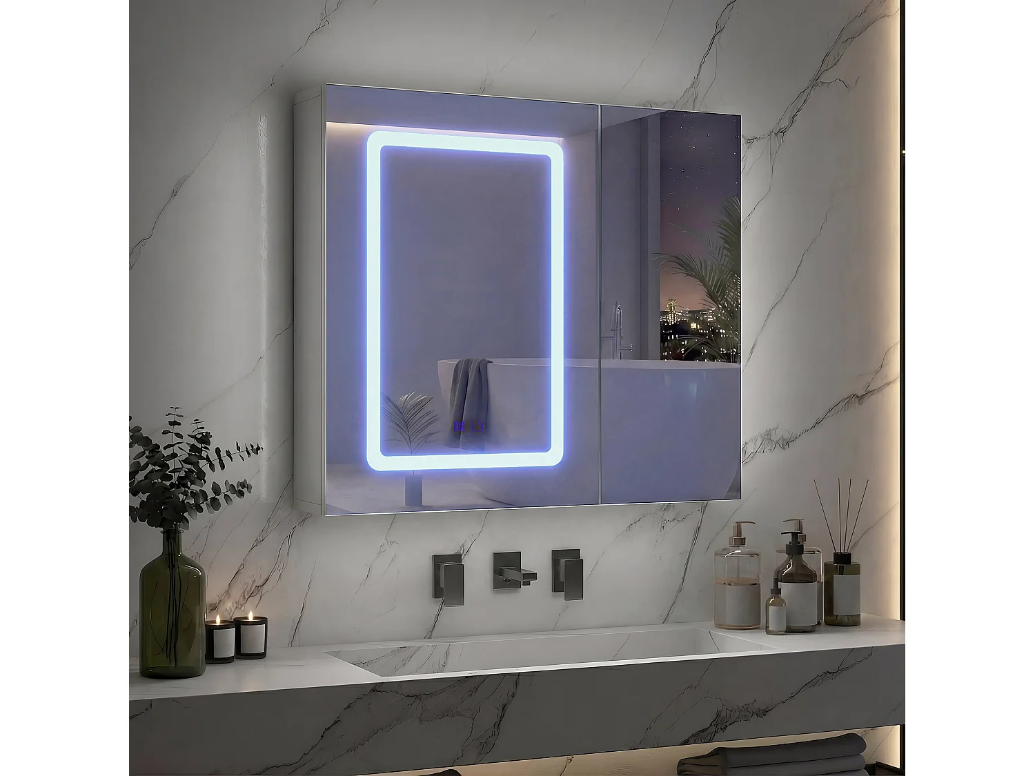 Espejo de baño LED de 70x60 cm con sistema antivaho, doble espejo y estantes ajustables, espejo LED con almacenamiento, desempañado en 10 minutos, blanco.