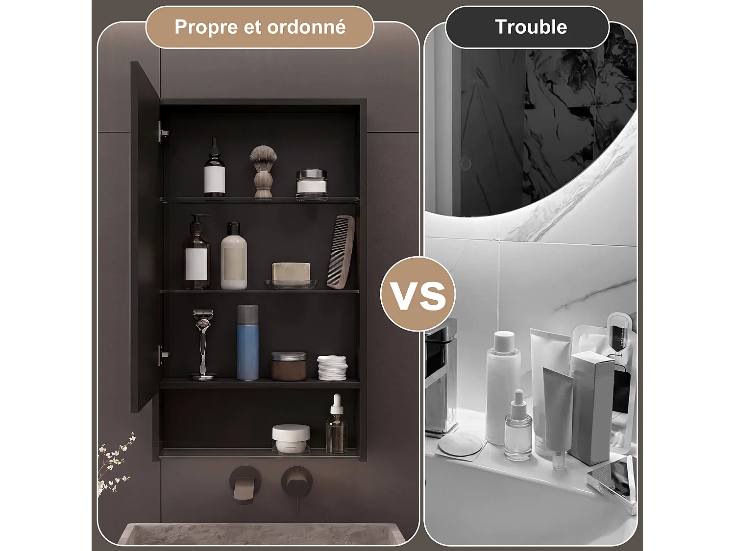 Miroir Salle de Bain Noir,Armoire à Miroir LED Anti-Buée 50x88cm,Rangement Intégré, Étagère Inférieure,Miroir led pour coiffeuse