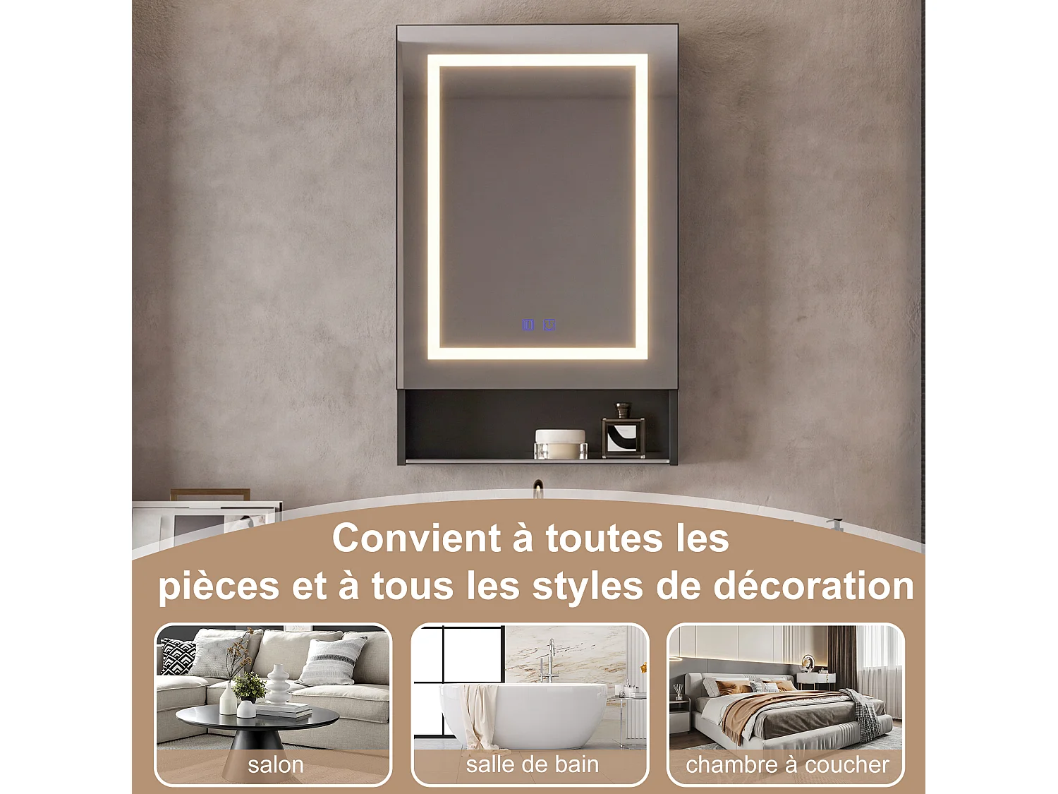 Miroir Salle de Bain Noir,Armoire à Miroir LED Anti-Buée 50x88cm,Rangement Intégré, Étagère Inférieure,Miroir led pour coiffeuse