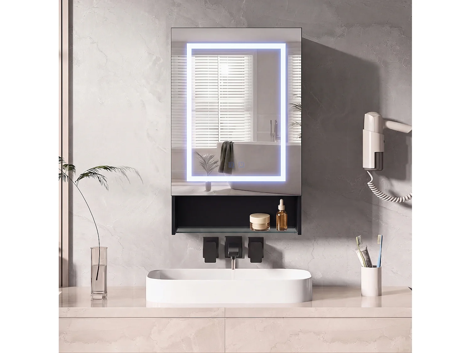 Miroir Salle de Bain Noir,Armoire à Miroir LED Anti-Buée 50x88cm,Rangement Intégré, Étagère Inférieure,Miroir led pour coiffeuse