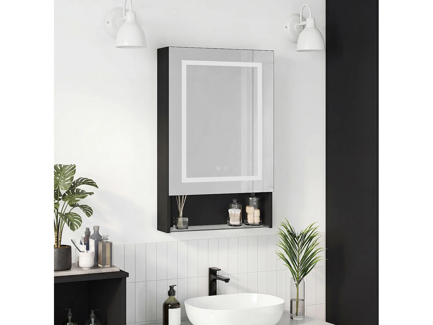Miroir Salle de Bain Noir,Armoire à Miroir LED Anti-Buée 50x88cm,Rangement Intégré, Étagère Inférieure,Miroir led pour coiffeuse